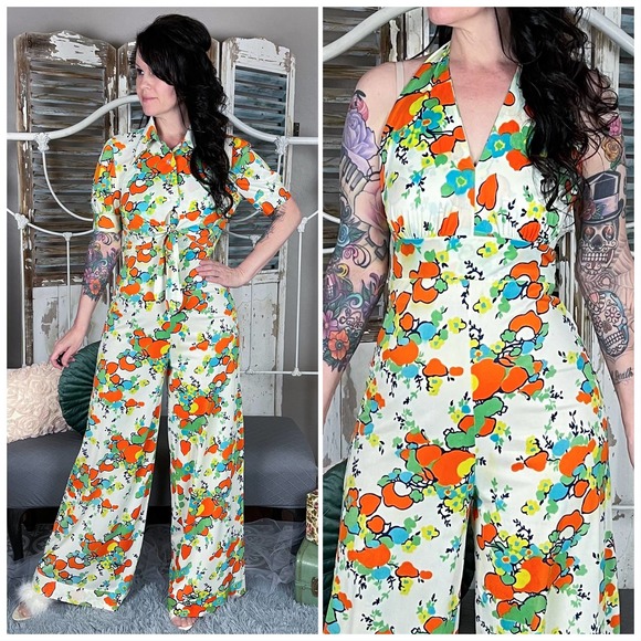 Vintage Other - Vintage 1970s Abstract Floral Loungewear Jumpsuit Set